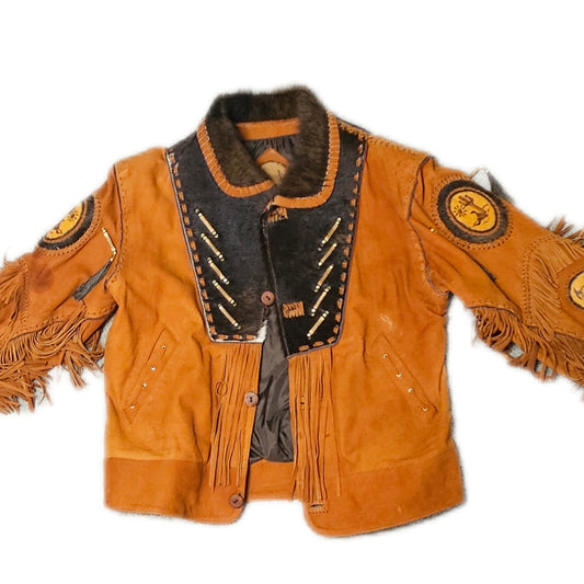 Western Cowboy Native American Beaded Work  With Fringe and Bones Brown Suede Leather Jacket.