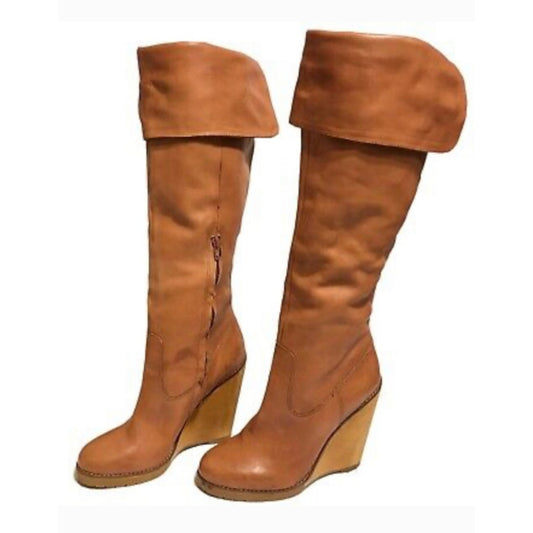 Cognac leather over-the- knee boots