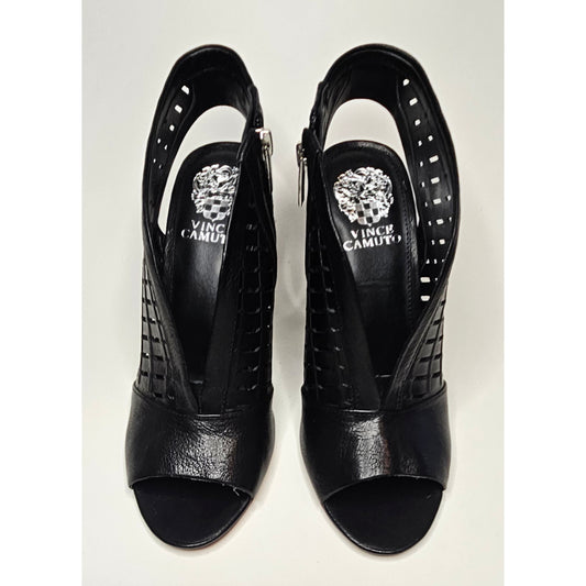 Leather Perforated Heeled Sandals - Black