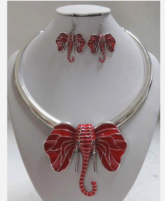 SILVER CHOKER NECKLACE & EARRING SET (ELEPHANT RED)