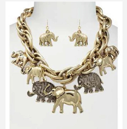 Chunky Gold Elephant Charm Necklace with matching Fish Hook Earrings