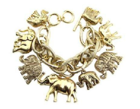 Gold Elephant Chunky Charm Double Linked Toggle Bracelet