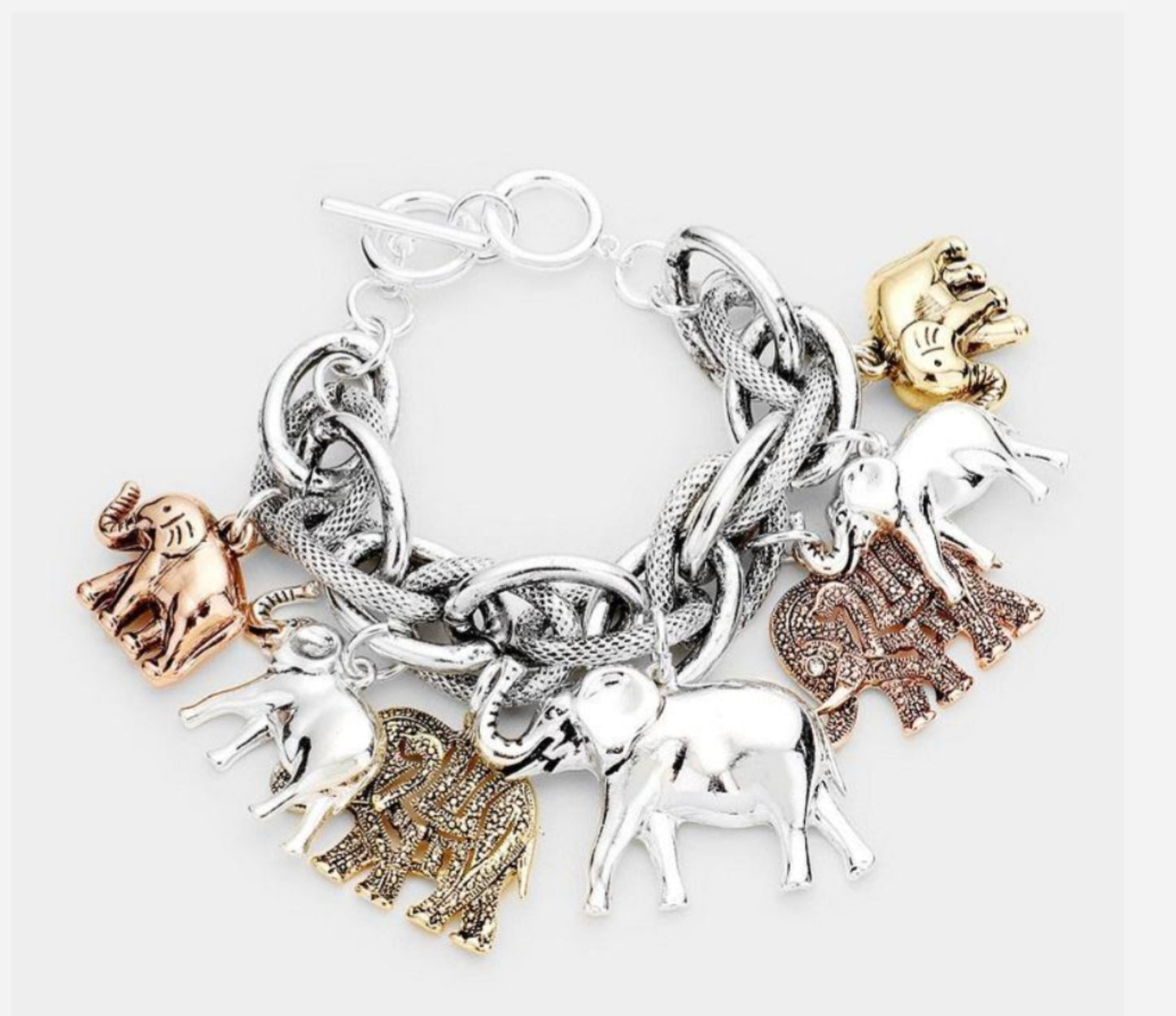 Silver and Gold Chunky Elephant Charm Double Linked Toggle Bracelet