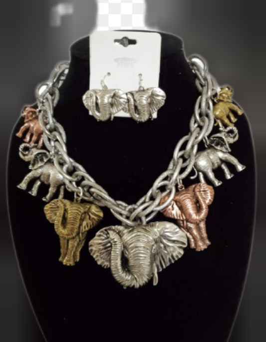 Multi Color Chunky Silver Elephant Necklace