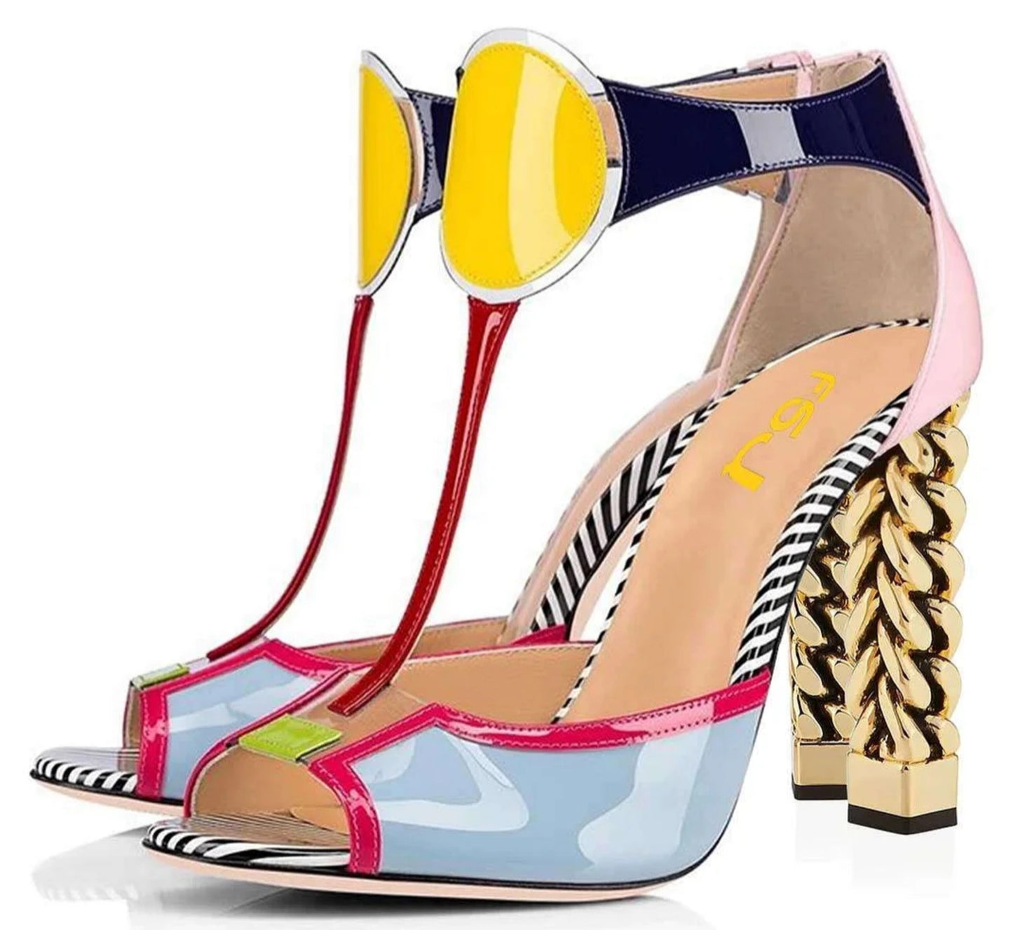 Multicolor Patent Leather Peep Toe T-Strap Block Heel Sandals