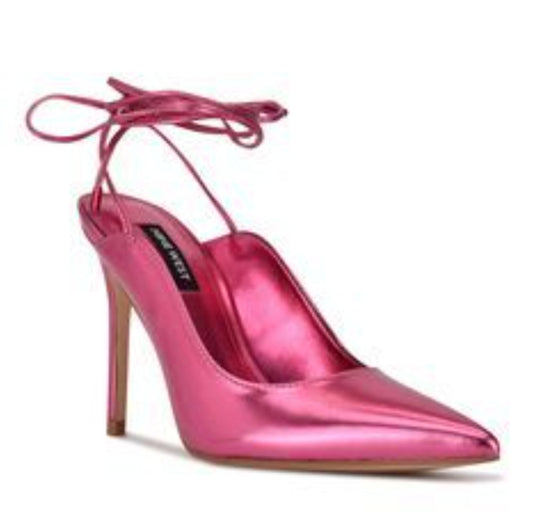 Pink Metallic Slingback Ankle Strap Heels